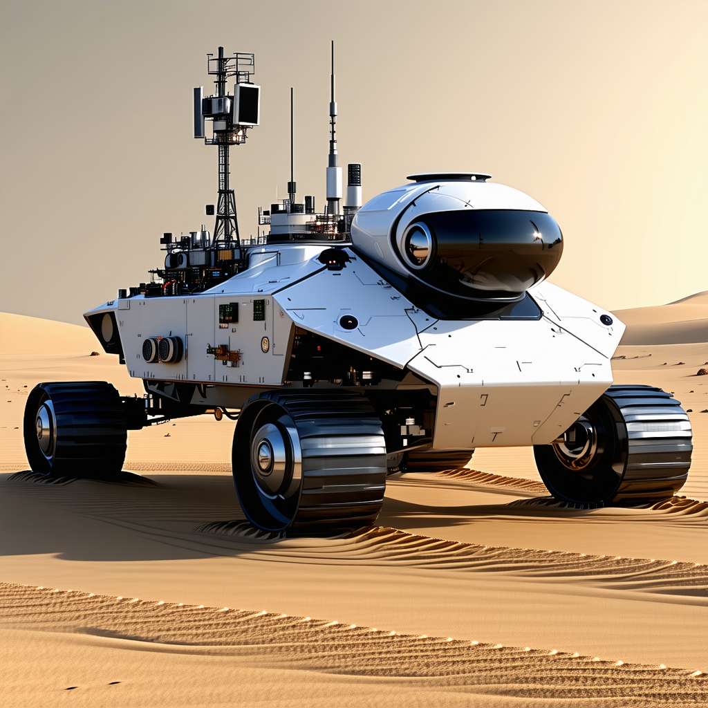 A White Robotic Vehicle Is Sitting On A Sandy Surface, Possibly A Desert