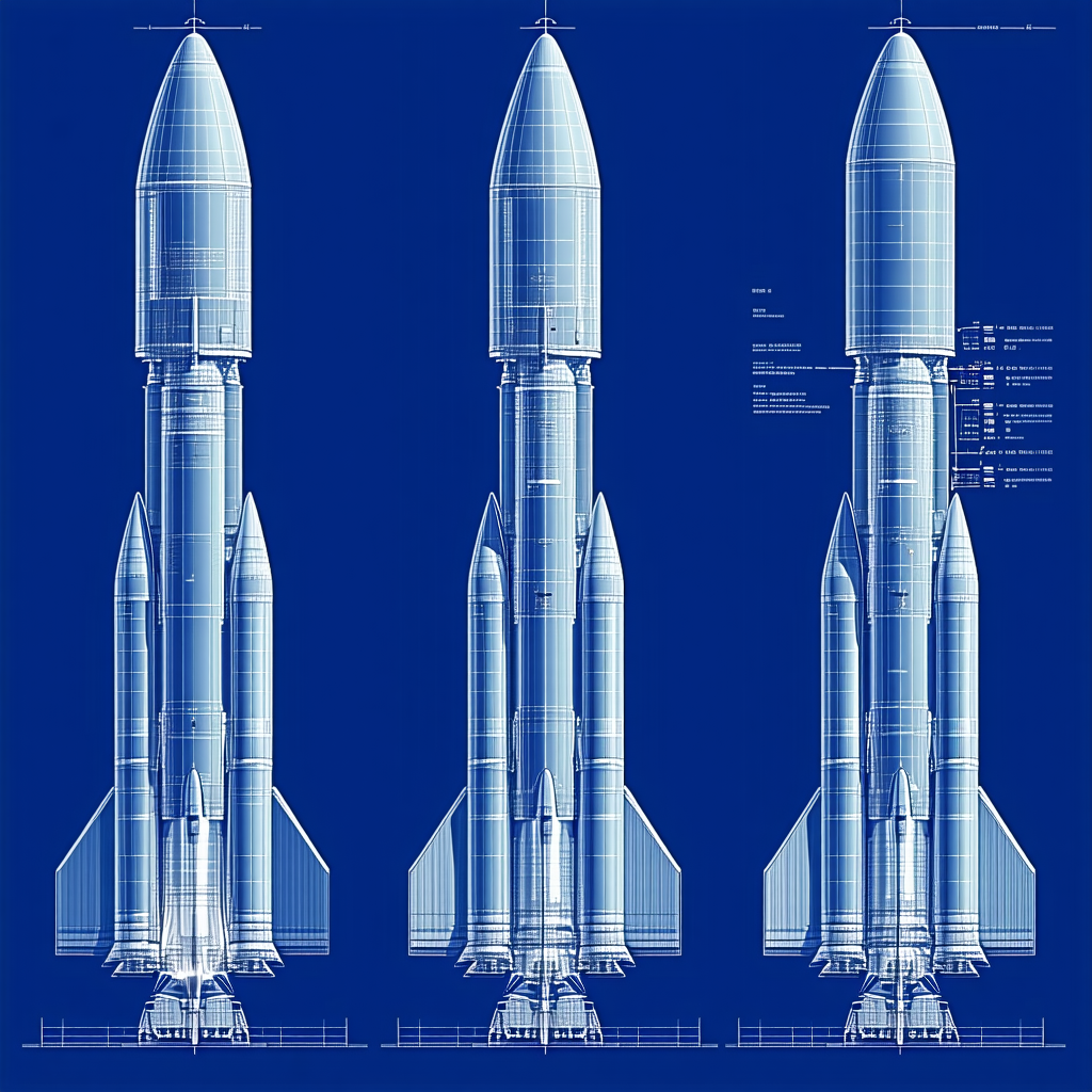 The Image Is A Blue Drawing Of A Rocket Ship, Showing The Different Stages Of The Rocket