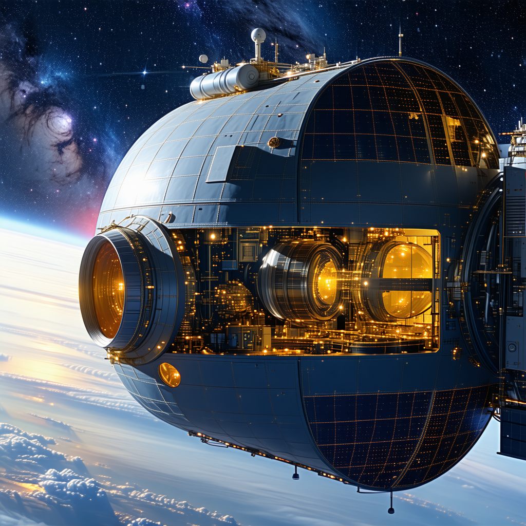 A Large, Blue Spacecraft With A Dome-shaped Structure On Top