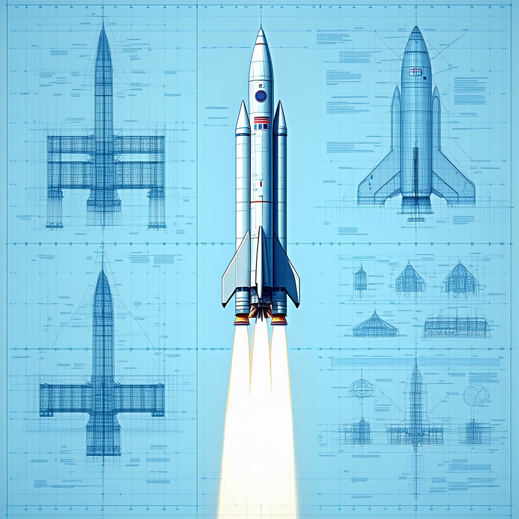 A Space Shuttle Is Shown In A Blue And White Drawing, With A Rocket Booster Attached To The Bottom