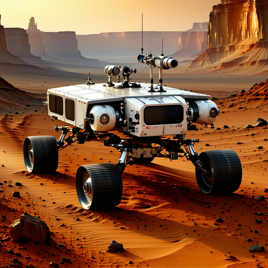 A Futuristic Vehicle, Possibly A Rover Or A Spacecraft, Driving Across A Desert Landscape