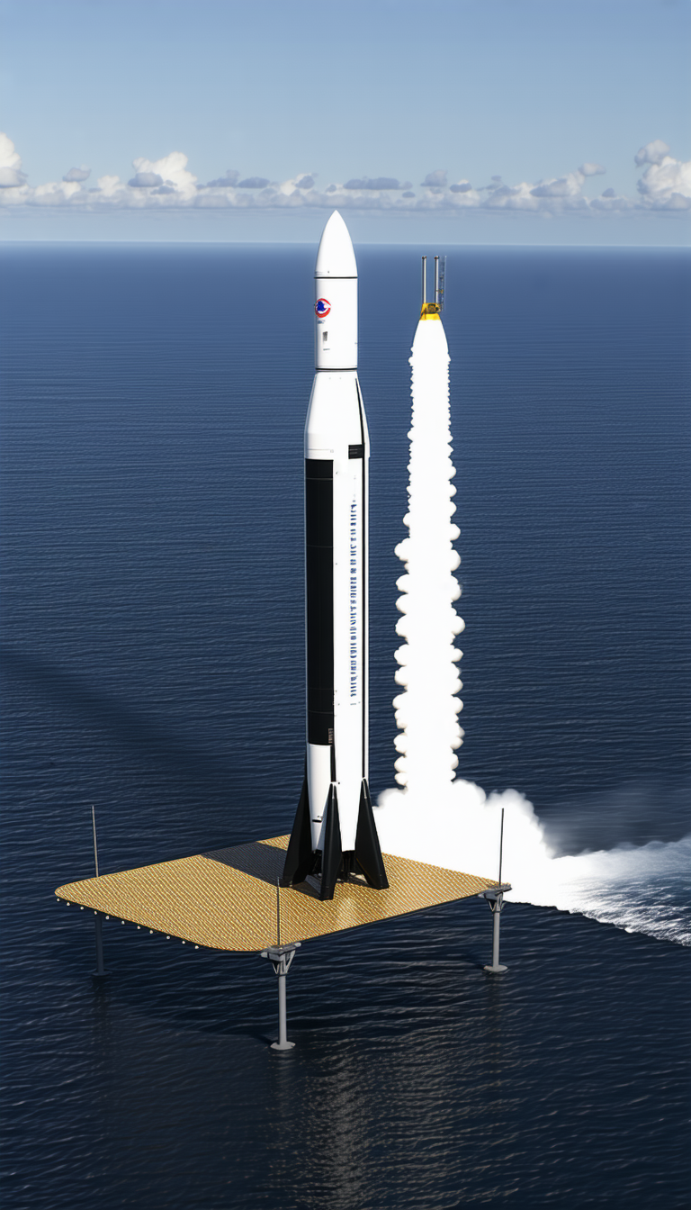 A Large Rocket Ship Floating On The Water, With A Smaller Rocket Ship Attached To The Side Of It