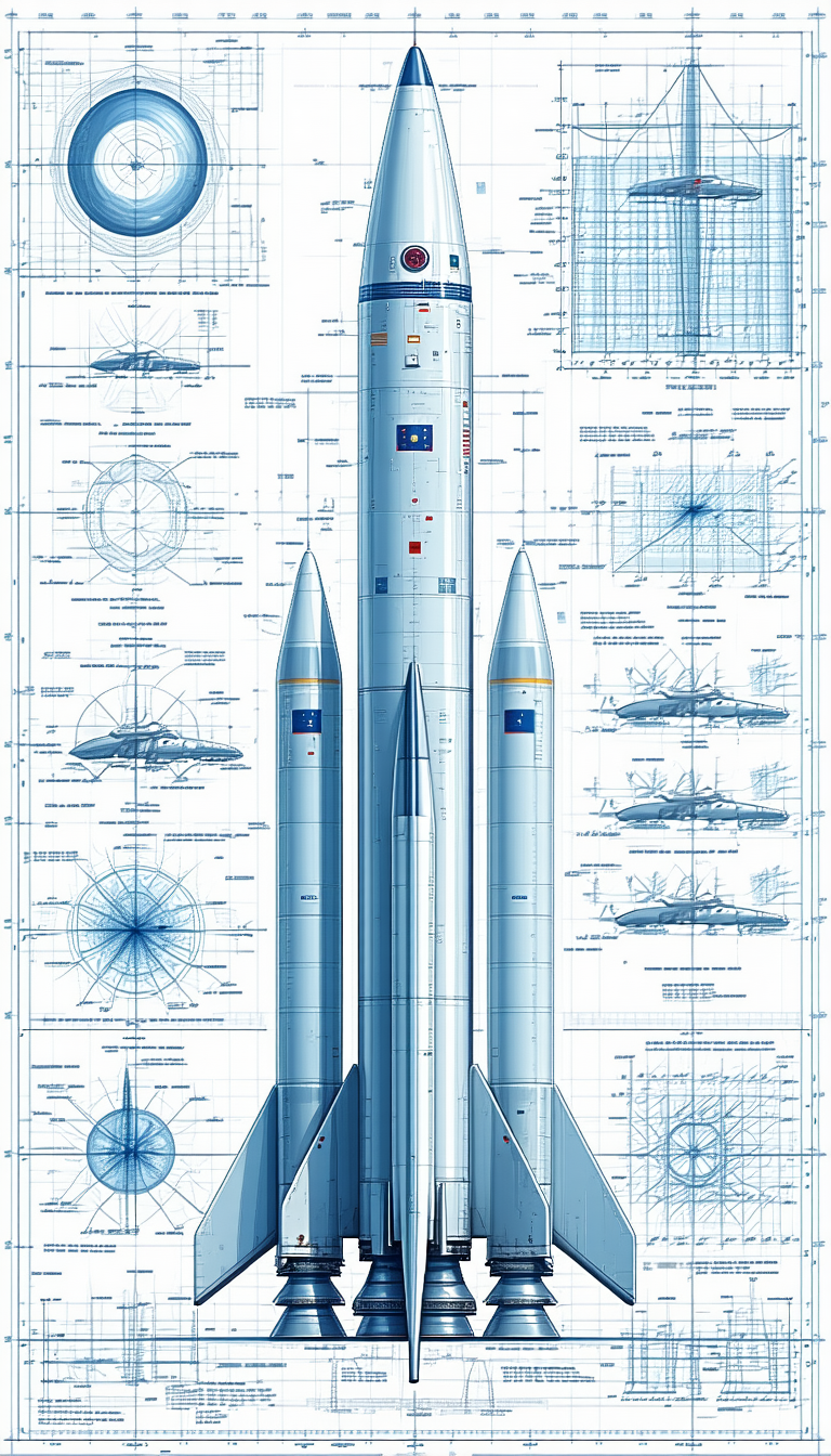 A Blue And White Drawing Of A Rocket Is Displayed