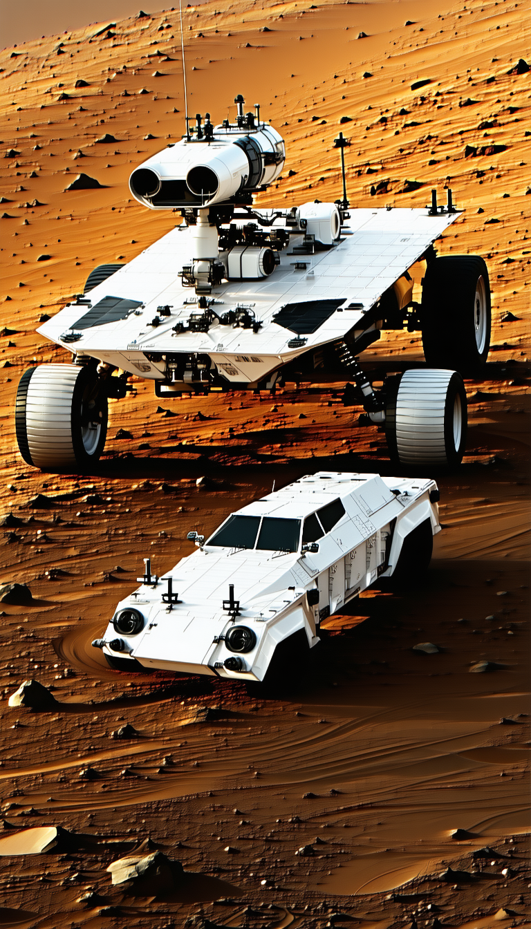 A White Car Is Parked On A Dirt Road, With A Large Truck Parked Next To It