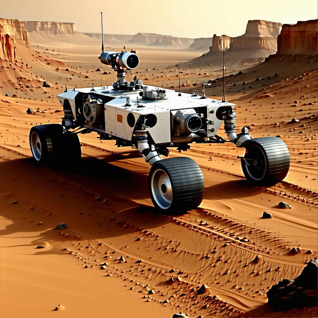 A Large White Robotic Vehicle, Possibly A Rover, Driving Across A Sandy Terrain