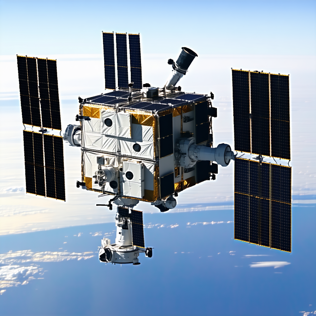 A Space Shuttle Is Flying Through The Sky, With A Large Satellite Attached To The Back Of It