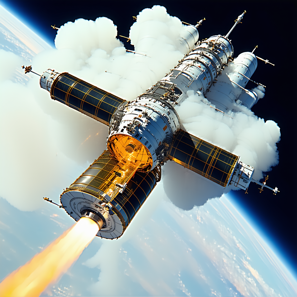 A Space Shuttle Is Shown In A Close-up View, With Its Engines On