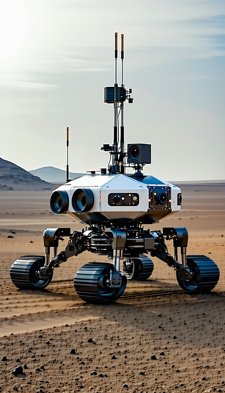 A Large Robotic Vehicle With A Camera On Top Of It, Driving Across A Sandy Terrain