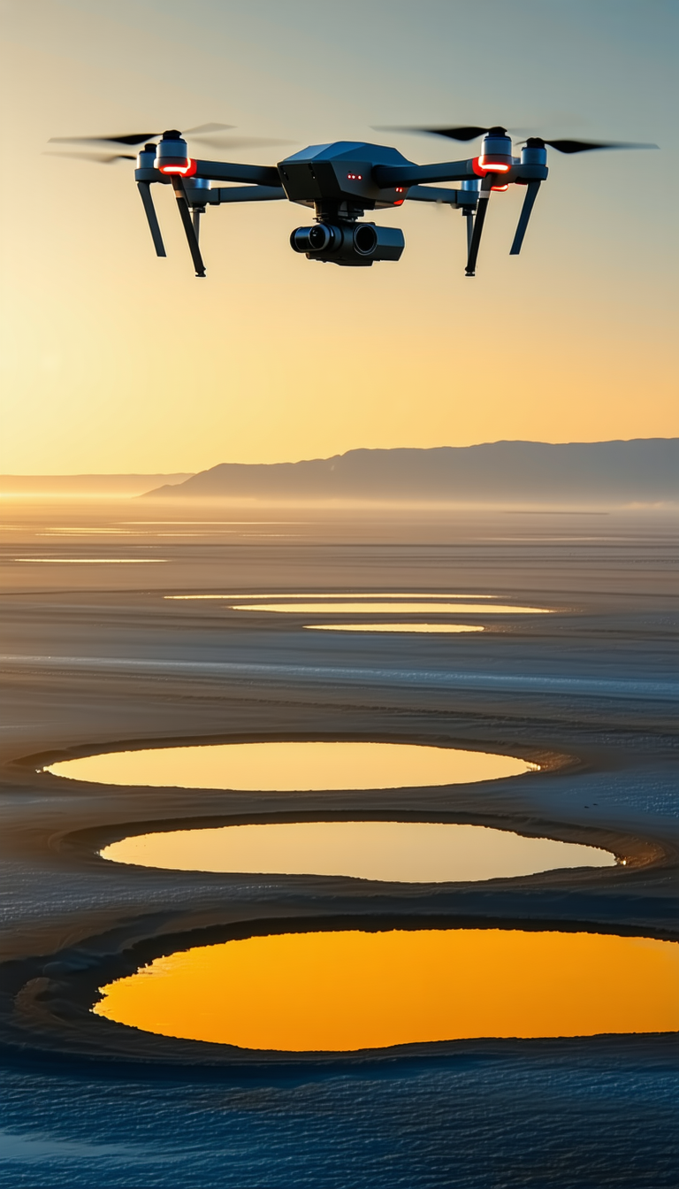 A Large Drone Flying Over A Sandy Beach