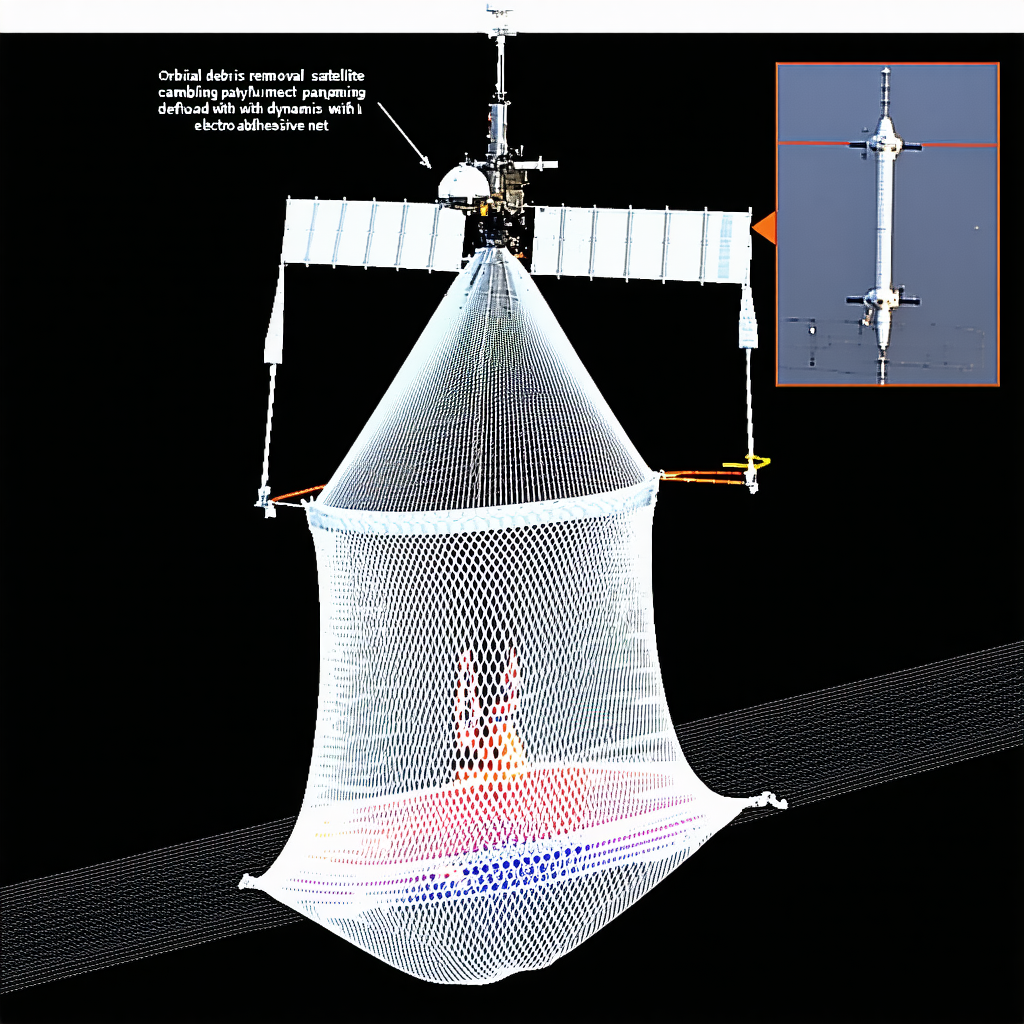 A Large, White, And Blue Satellite Is Suspended In The Air, With A Long, Thin Wire Extending From It