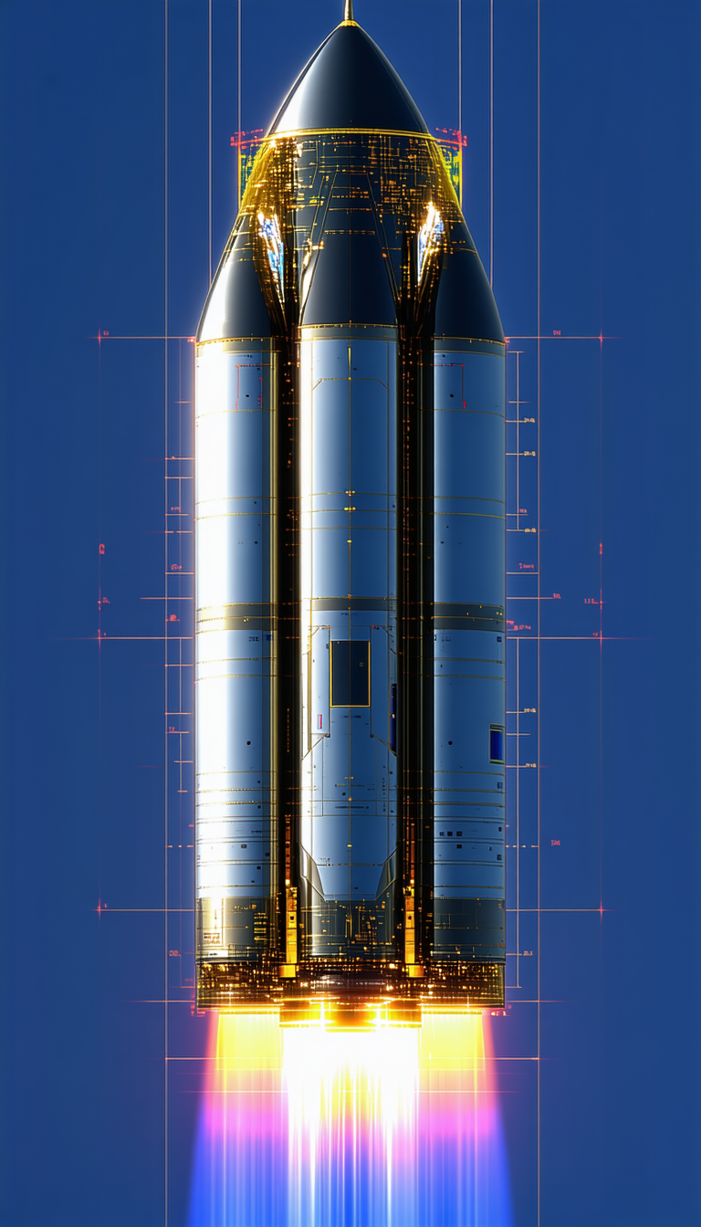A Large Rocket Ship Is Shown In A Blue Sky, With A Gold And Black Color Scheme