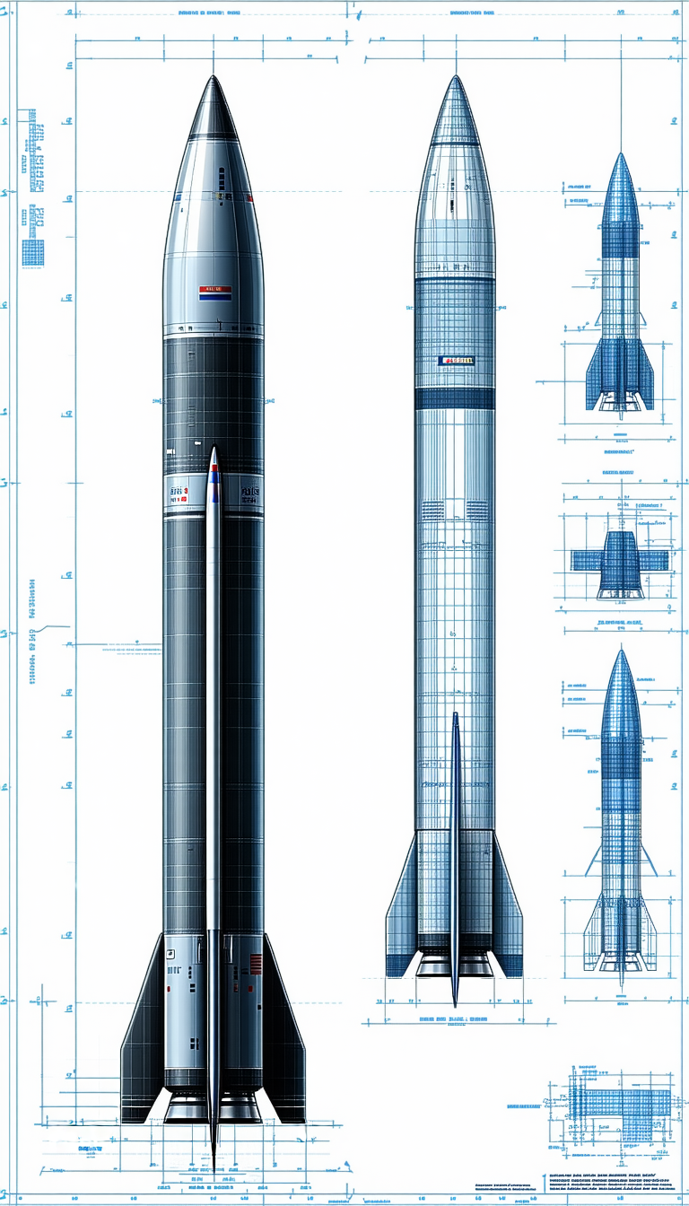 A Large Rocket Is Shown In A Blue And White Drawing, With A Smaller Rocket Next To It