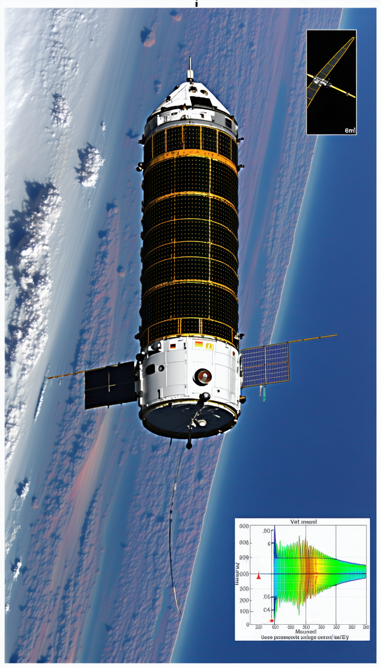 A Spacecraft Is Flying Through The Sky, With A Large Satellite Dish On The Bottom Of The Spacecraft