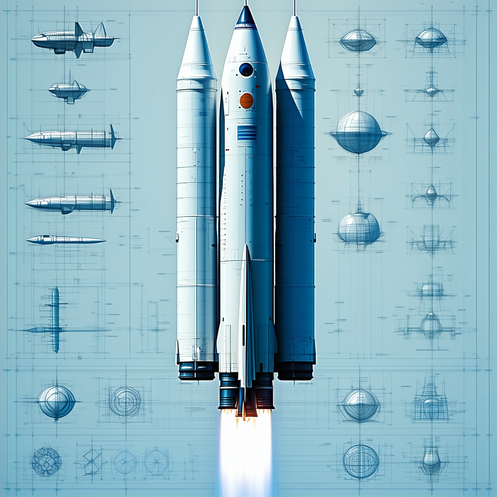 A Space Shuttle Is Shown In A Blue And White Drawing, With A Rocket Booster Attached To The Bottom