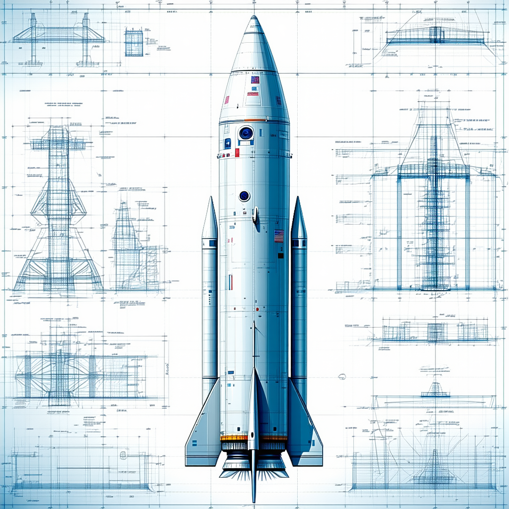 A White Rocket Ship Is Shown In A Blue And White Drawing