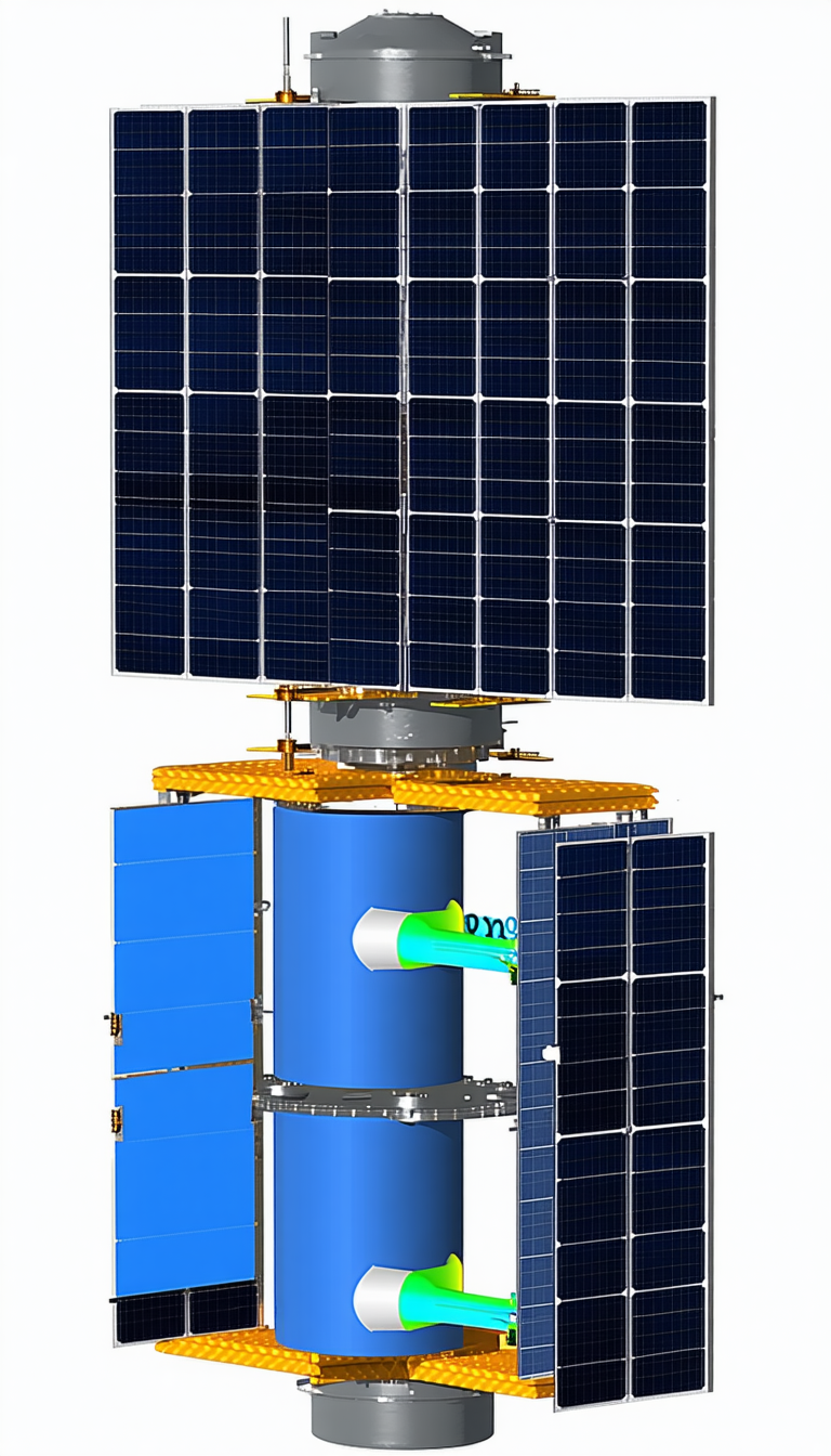 A Blue Satellite Is Shown In A Close-up View, With A Green Tube Extending From It