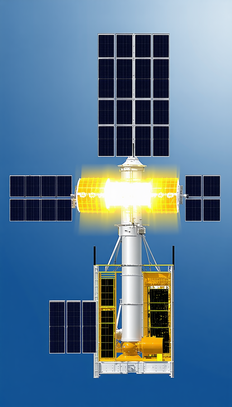 A Large Satellite Is Shown In The Image, With A Bright Light Shining From It