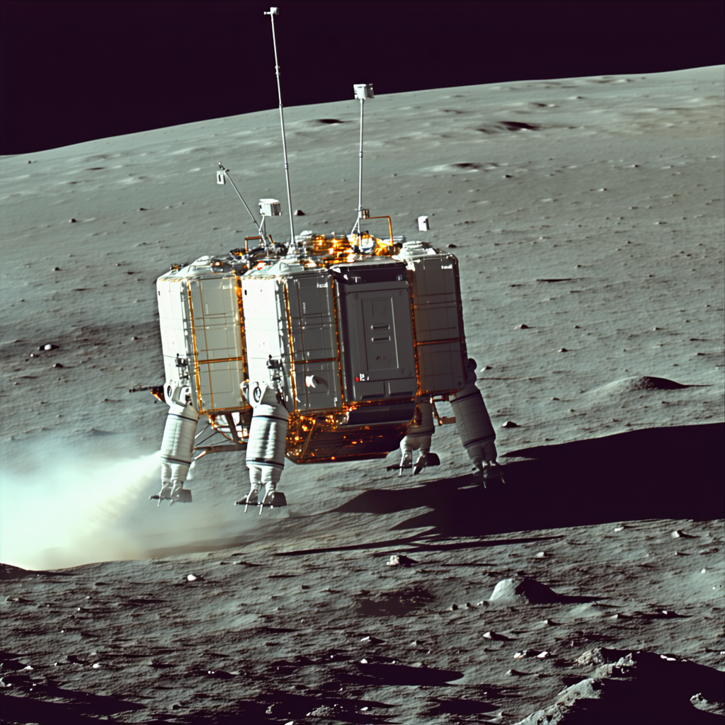 A Small White Spacecraft Is Traveling Across The Surface Of The Moon
