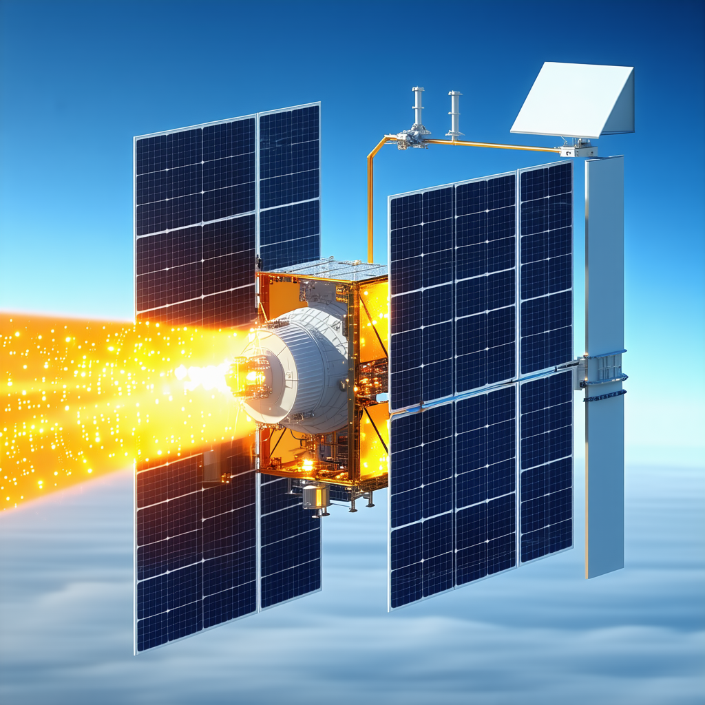A Spacecraft With A Solar Panel On Its Side, Flying Through The Sky