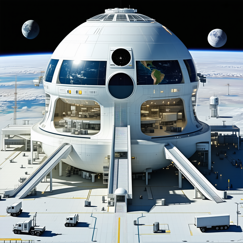 A Large White Space Station With A Dome-shaped Structure