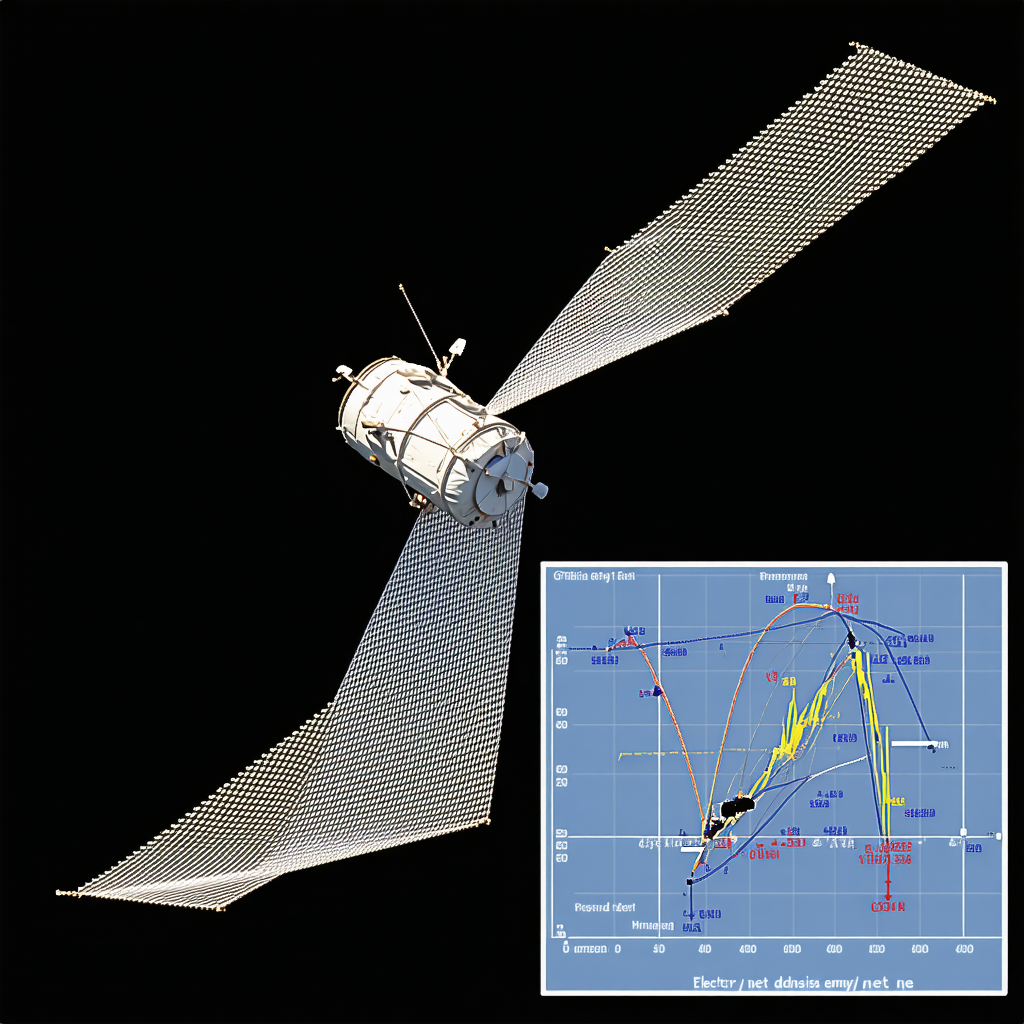 A Spacecraft Is Shown In A Blue Background, With A Large Antenna Attached To It