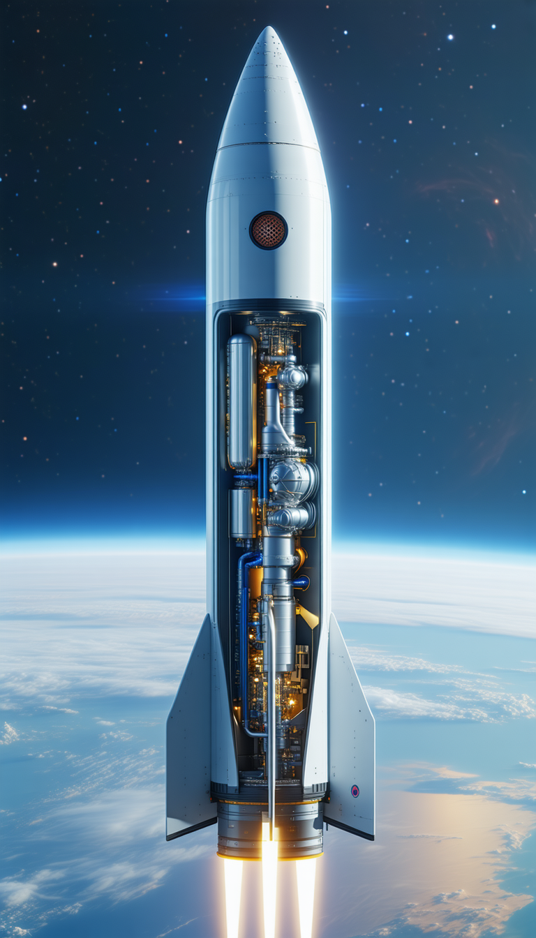 A Rocket Ship Is Shown In A Space Scene