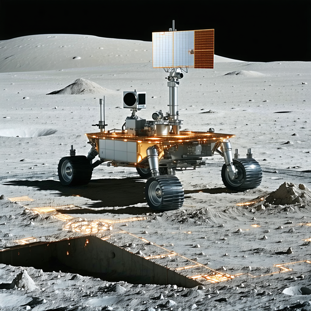 A Robotic Vehicle Is Parked On The Surface Of The Moon