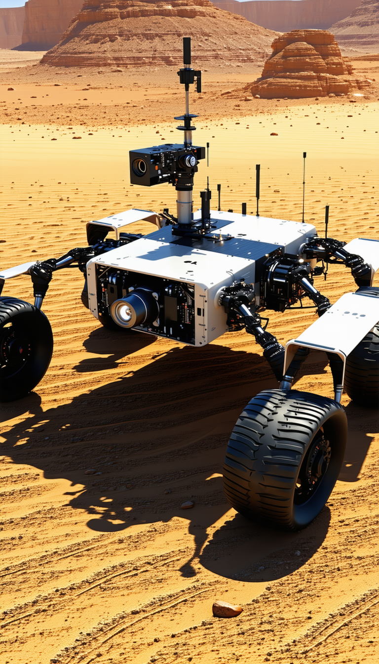 A White Robot Is Sitting On A Sandy Surface, Possibly In A Desert
