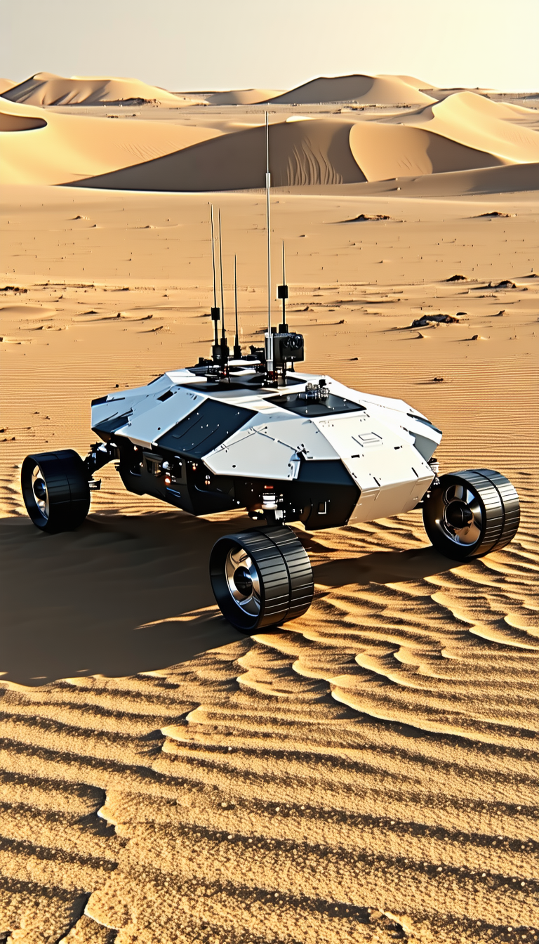 A White Robotic Vehicle With A Large Antenna On Top, Driving Across A Sandy Terrain