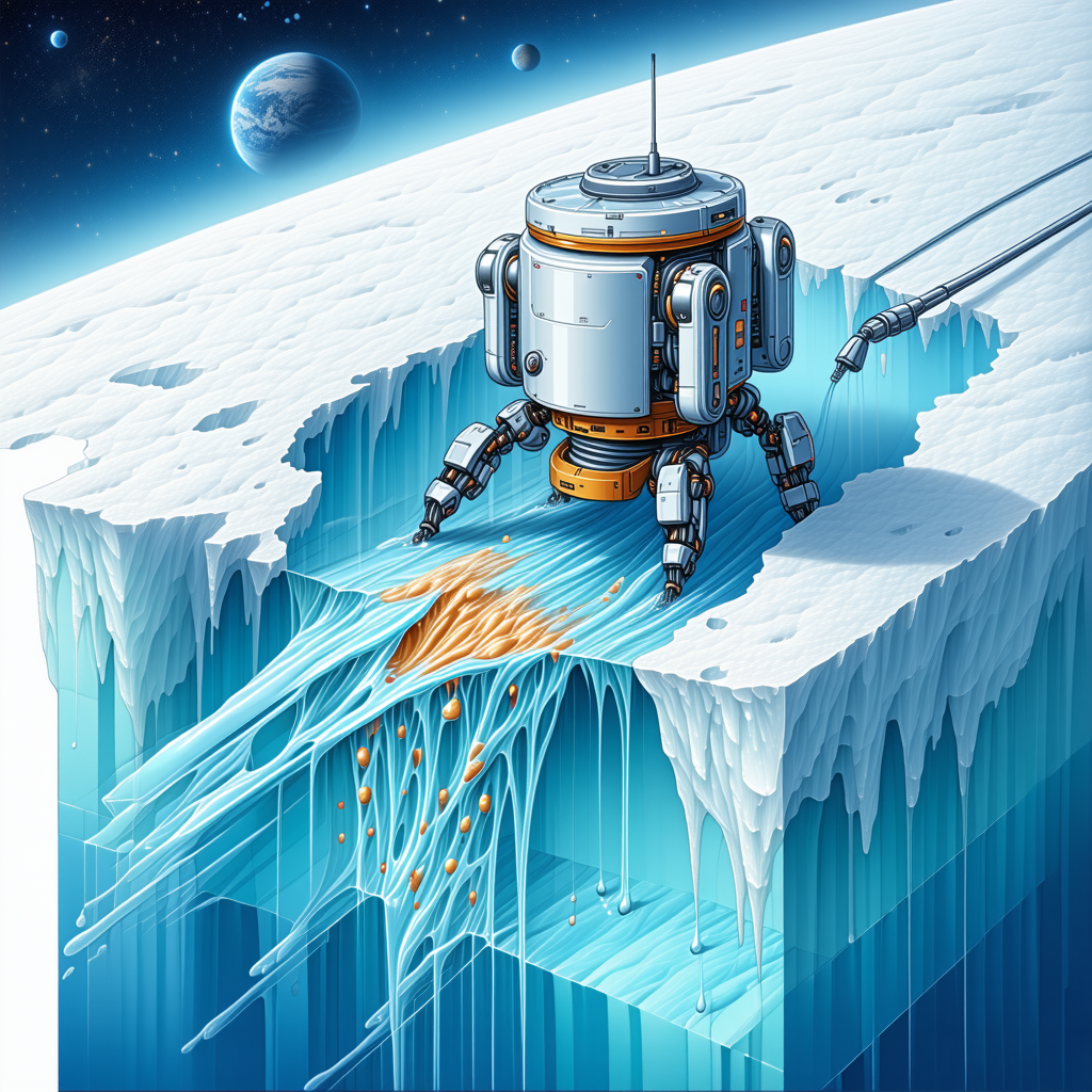 The Image Is A Colorful, Computer-generated Illustration Of A Robot Standing On A Frozen Surface