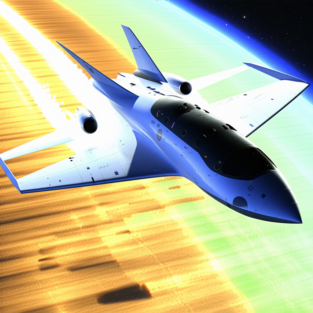 A Blue And White Jet Is Flying Through The Air, With A Green Background