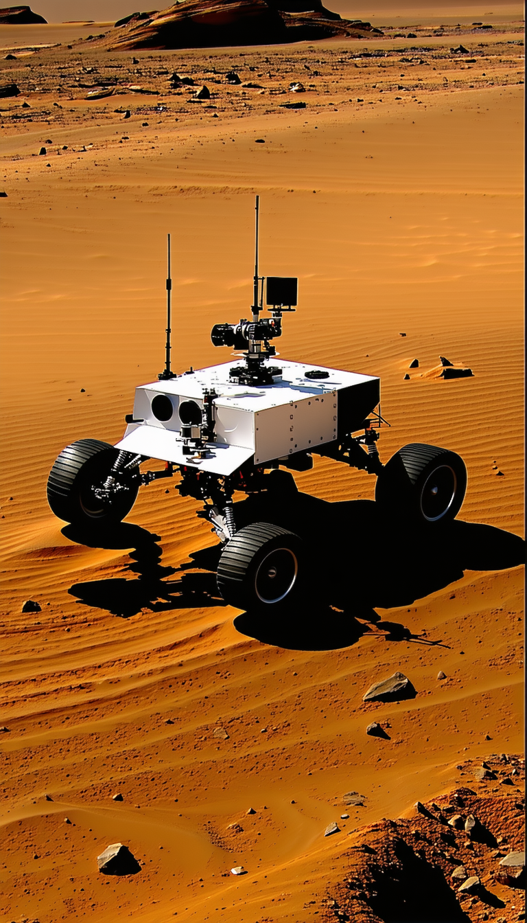 A White Robotic Vehicle, Possibly A Rover, Sitting On A Sandy Surface