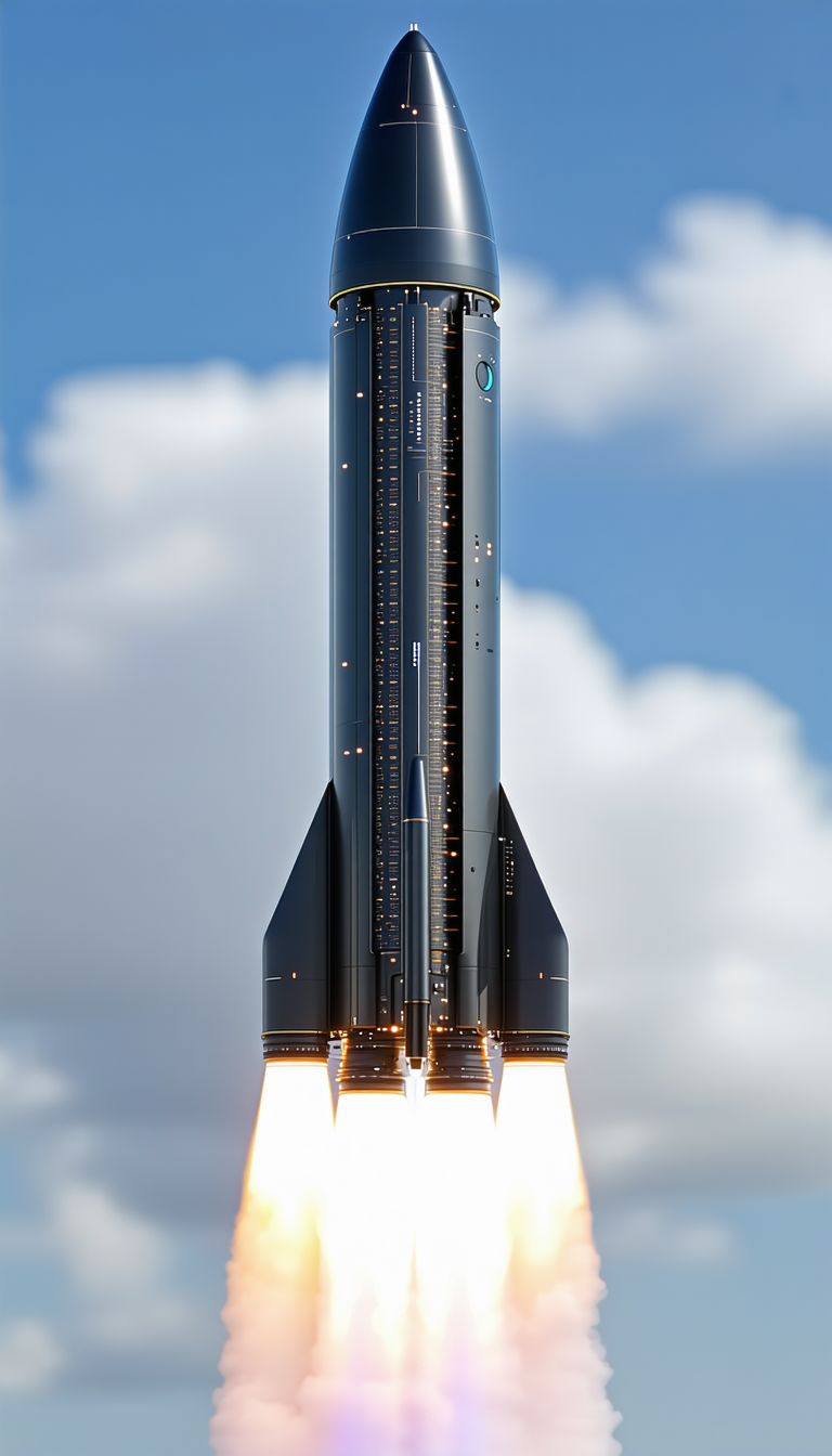 A Rocket Launching Into The Sky, With Its Booster Rocket Attached