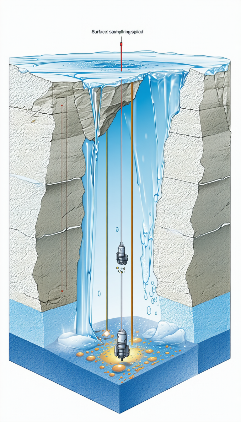 A Futuristic Scene Of A Submarine Traveling Through A Frozen Waterfall