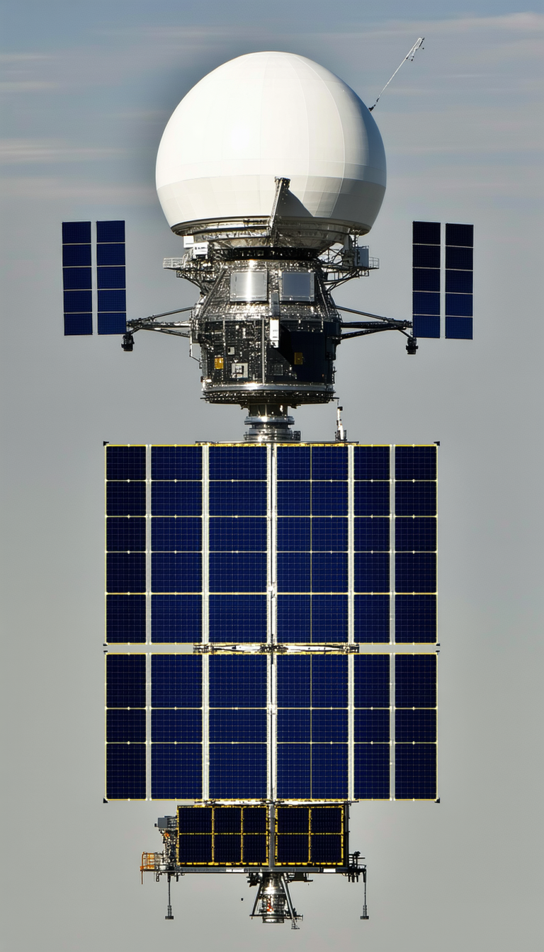 A Large Satellite Dish With A Blue And White Color Scheme