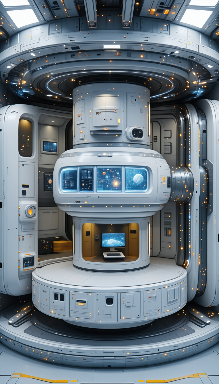 In The Image, There Is A Futuristic Space Station With A Large, White, And Round Structure