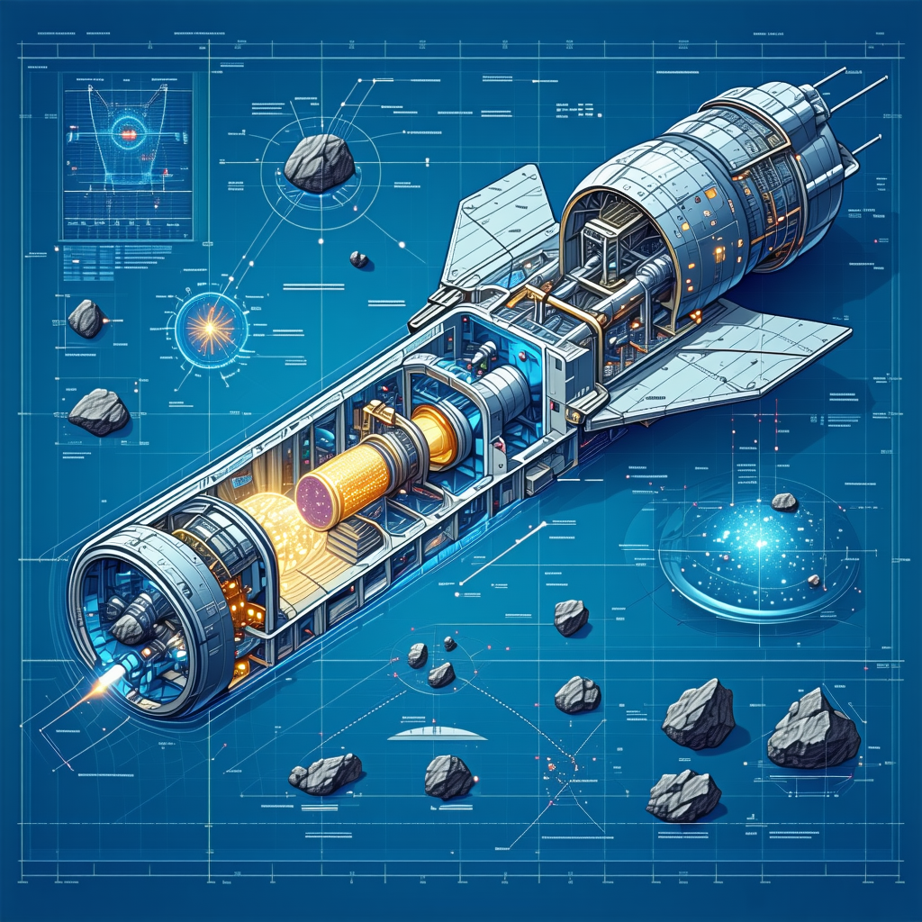 A Spacecraft Is Shown In A Blue And White Drawing, With A Large Engine In The Middle Of The Ship