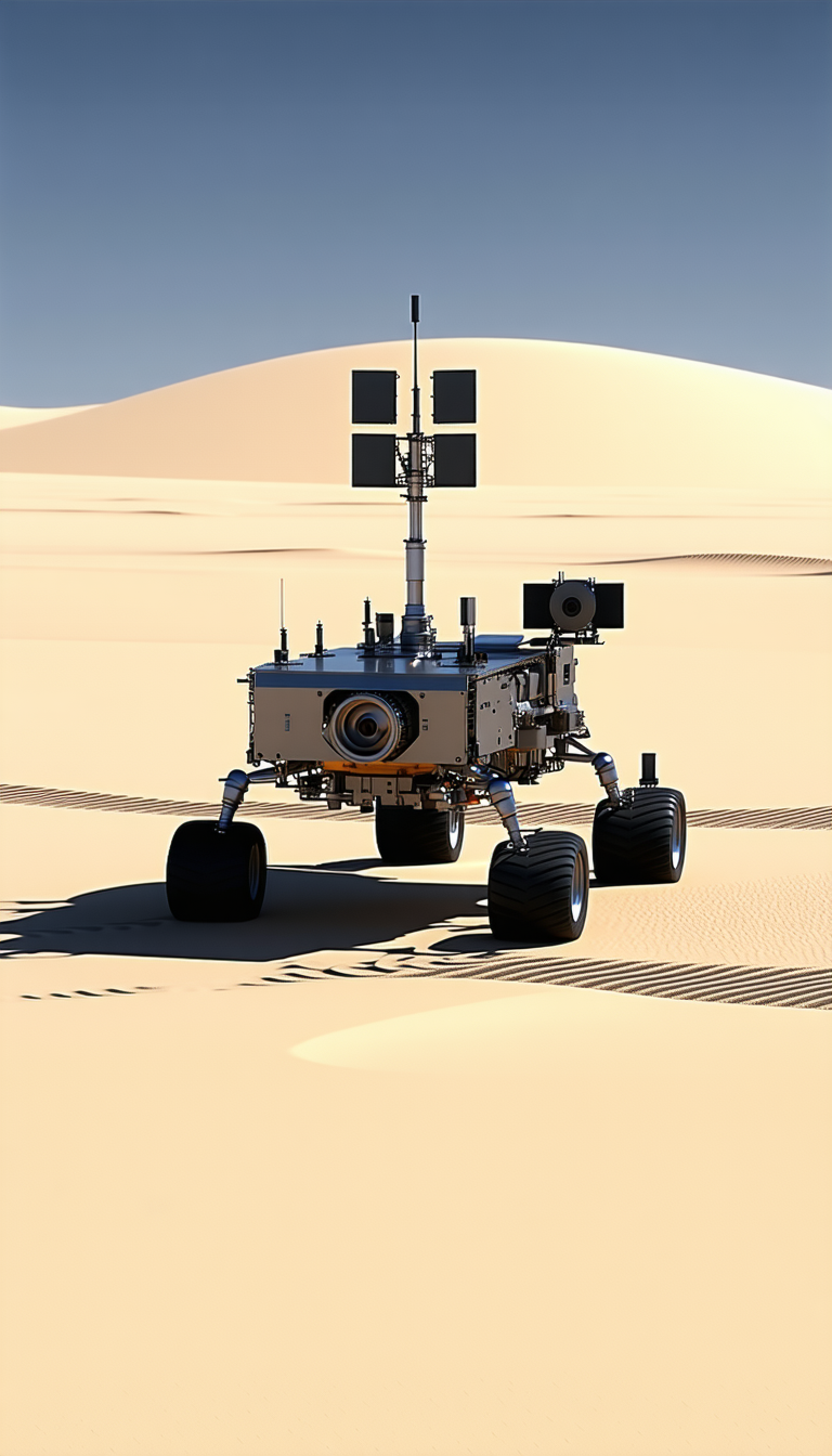 A Large Robotic Vehicle Is Sitting In A Desert Landscape