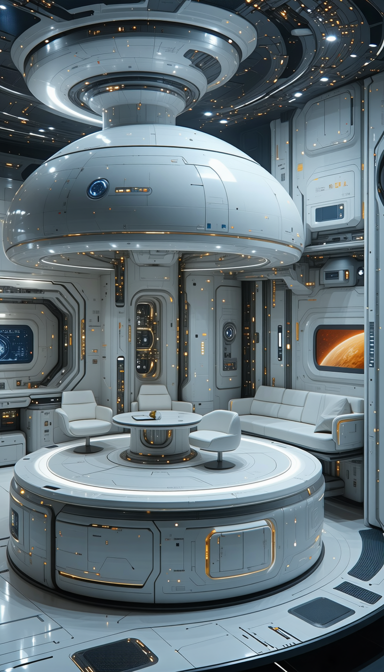 In This Futuristic Space, There Is A Large White Dome With A Round Table In The Center