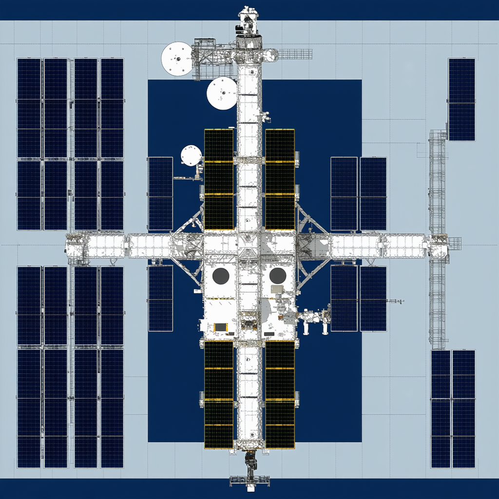 The Image Is A Detailed Illustration Of A Space Station, Showcasing Its Various Components