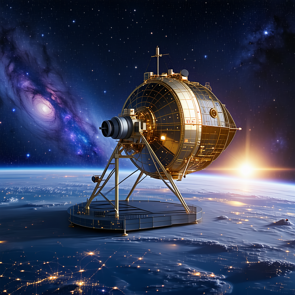 A Large, Gold-colored Spacecraft, Possibly A Satellite Or A Rocket, Sitting On Top Of A Flat Surface