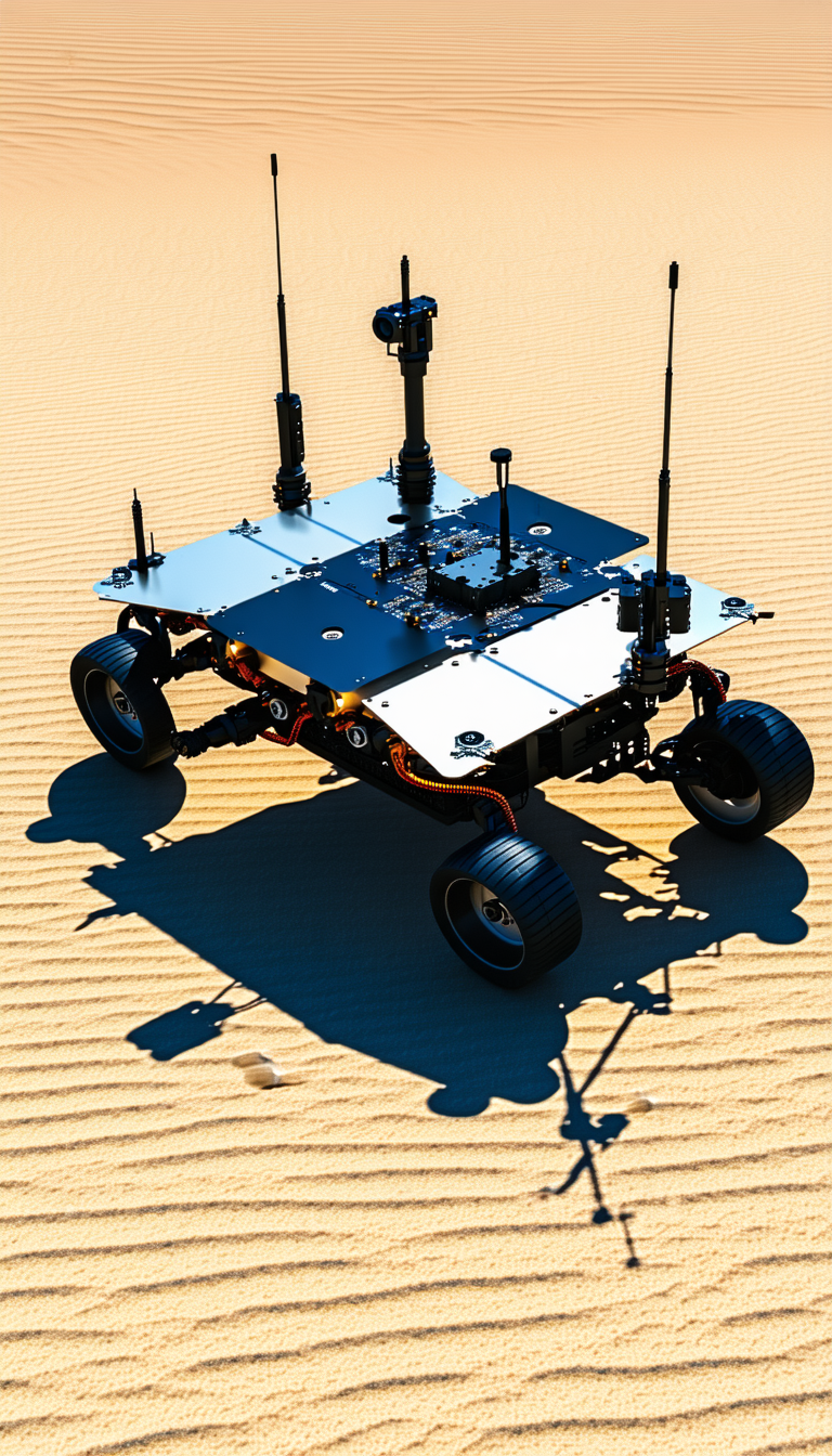 A Large Robotic Vehicle With A Flat Top, Sitting On A Sandy Surface