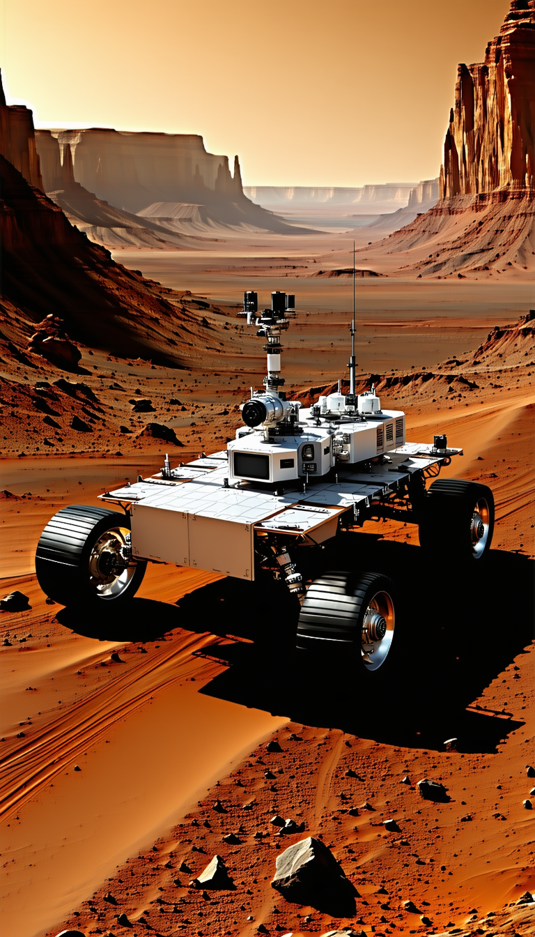 A Large, White, And Silver Robotic Vehicle, Possibly A Rover, Driving Across A Desert-like Terrain