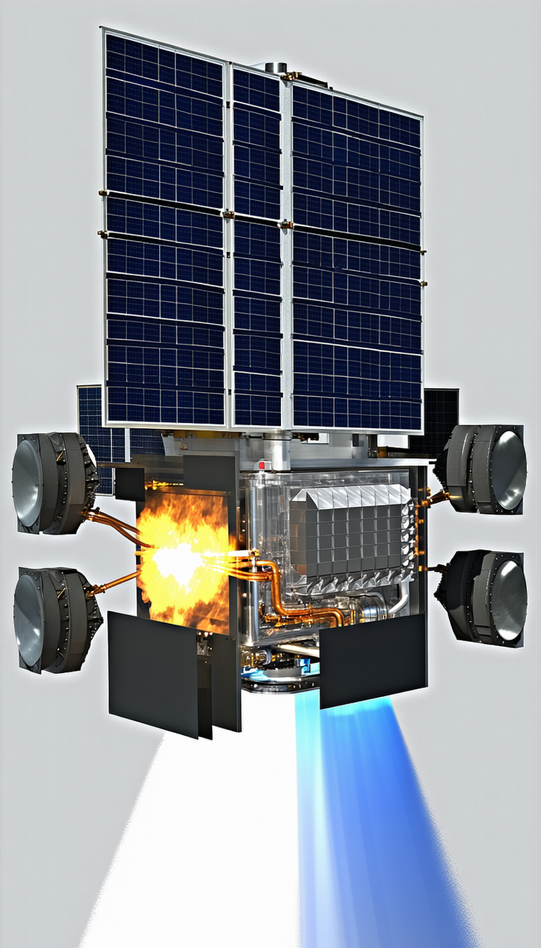 A Large Spacecraft Is Shown In A 3d Model, With A Blue And White Color Scheme