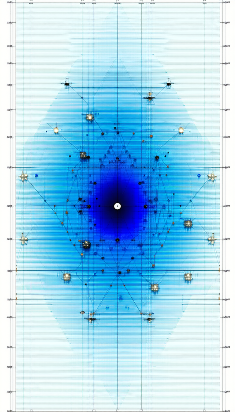 A Blue And White Drawing Of A Circle With A Dot In The Center Is Displayed