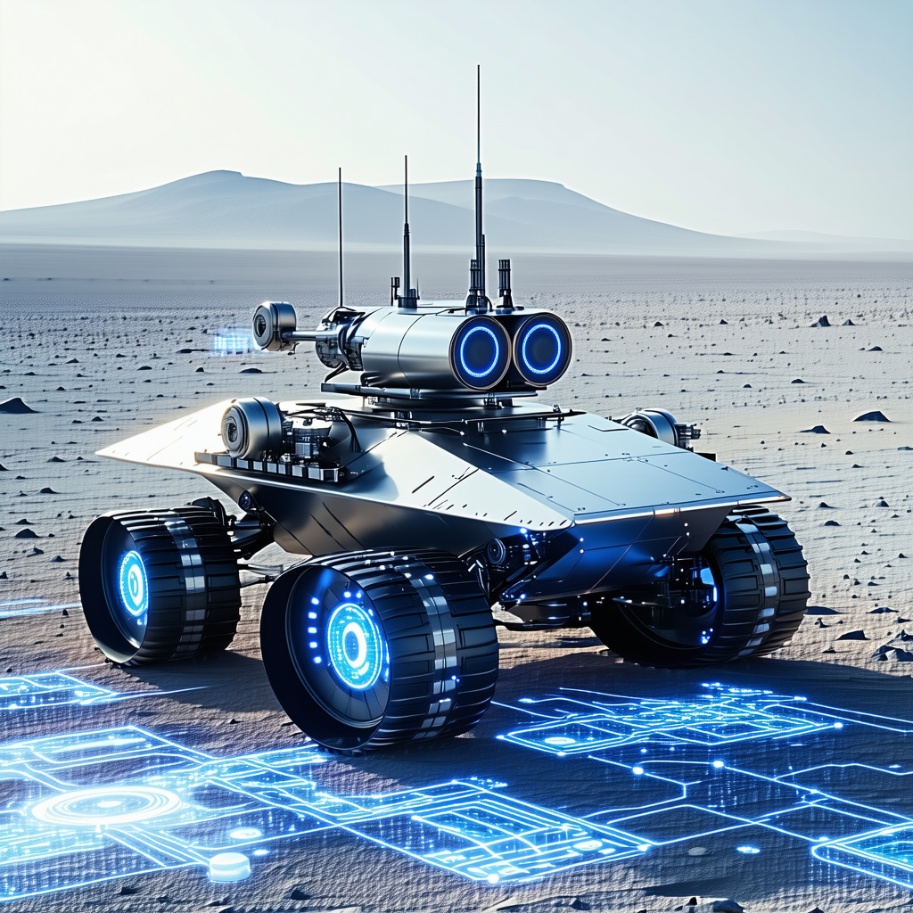 A Futuristic Robotic Vehicle With Blue Lights On Its Wheels