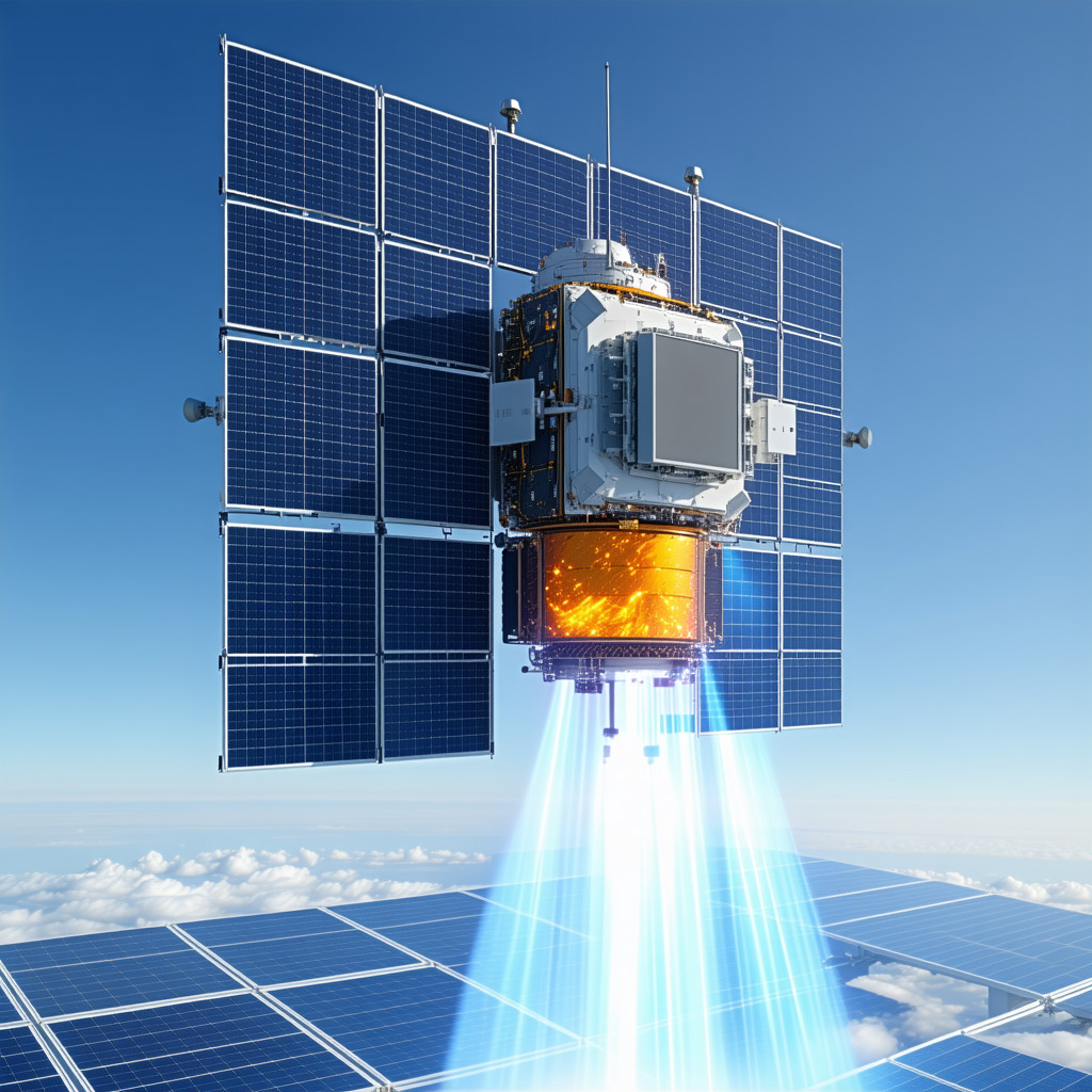 A Spacecraft With A Solar Panel On Its Side, Flying Through The Sky