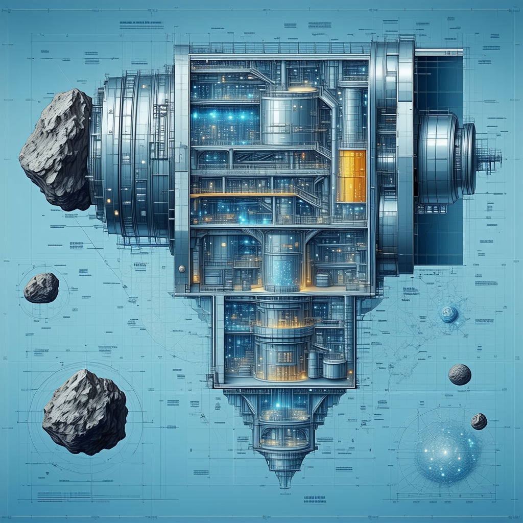 A Futuristic Space Station Is Depicted In A Blue And White Drawing