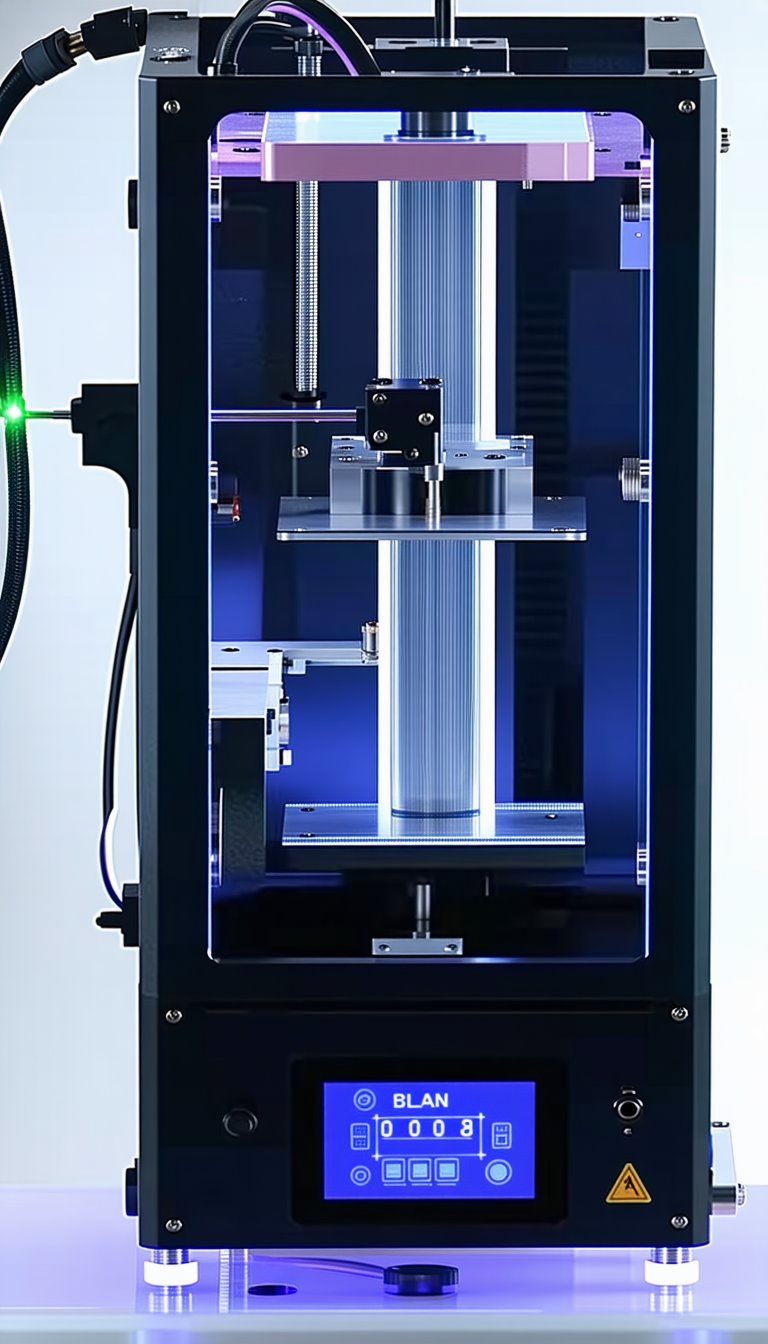 A Large Machine Is Sitting On A Table, With A Blue And Silver Color Scheme