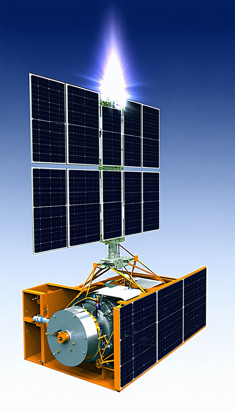 A Large, Solar-powered Satellite With A White And Orange Color Scheme